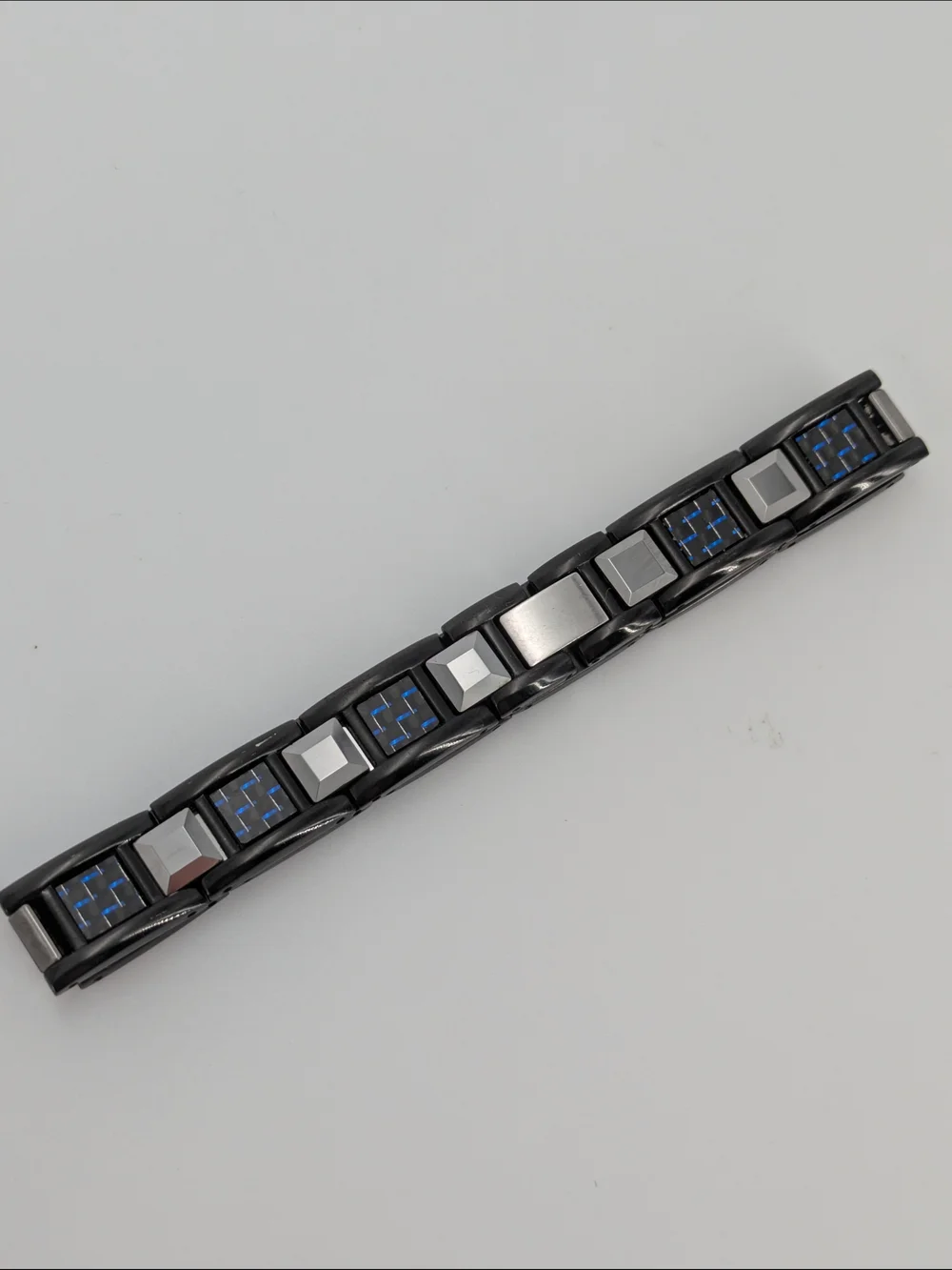 Men's Blue & Black Carbon Fiber Link Chain Bracelet, Tungsten 9